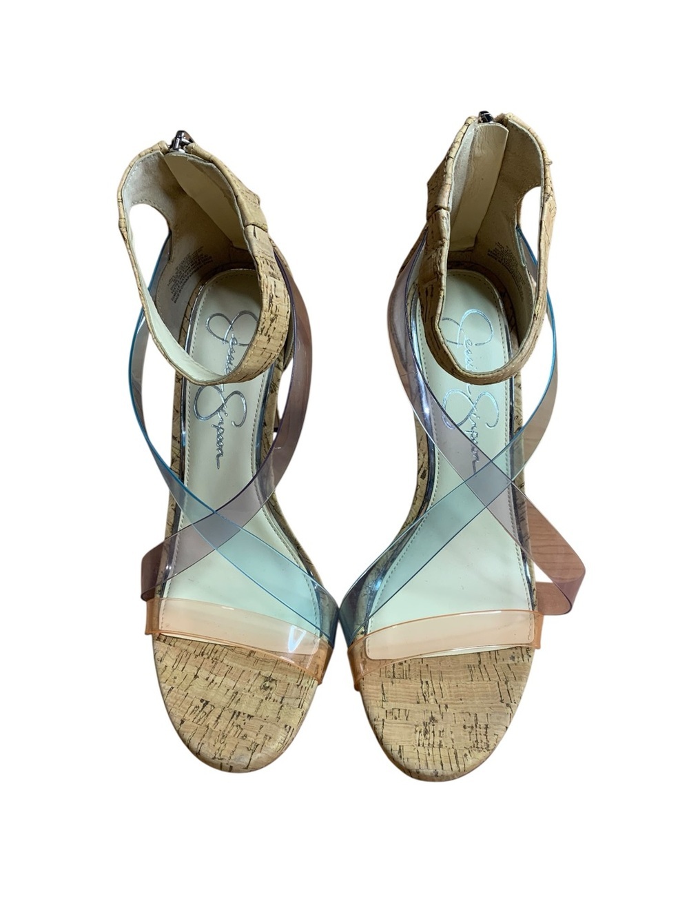 Jessica Simpson JP-Dalechi Cork & Clear Strap Stiletto Heels Sandals - Size 7.5M